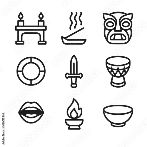 Forgotten Rituals Icons. Outline icon set of forgotten rituals: altar, burning incense, ritual mask, sacred circle, ceremonial