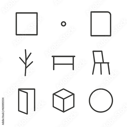 Minimalist Icon Grid. Outline icon set of minimalism and simplicity: empty frame, single dot, blank page, bare branch, uncluttered