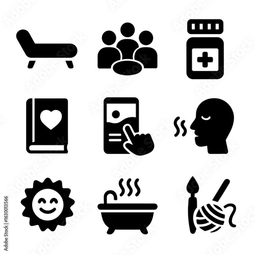 Coping Strategies Icons. Solid, filled icons set of coping strategies: therapist couch, support group,