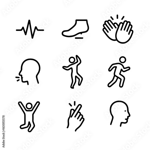 Body Rhythm Icons. Outline icon set of body rhythm: heartbeat, foot tapping, clapping hands, breath, dancing silhouette, jogging,