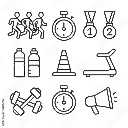 Corporate Fitness Icons. Outline icon set of corporate fitness challenges: team relay, stopwatch, medals,