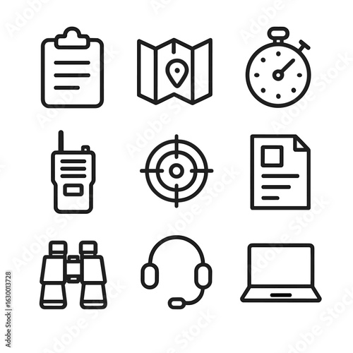 Mission Brief Icons. Outline icon set of mission brief elements: clipboard, map, stopwatch, radio, target, briefing paper,