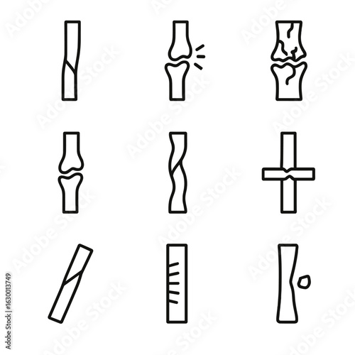Fracture Icon Set. Outline icon set of fracture types: hairline fracture, compound fracture, comminuted fracture, greenstick