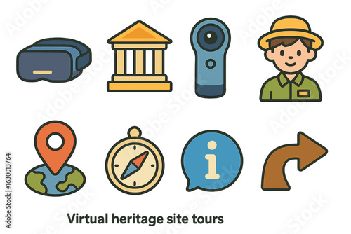 Virtual Heritage Tour Icons. Flat vector mini-illustrations virtual heritage site tours in colors children's illustrations: VR