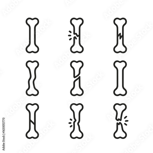Fracture Icon Set. Outline icon set of fracture types: hairline fracture, compound fracture, comminuted fracture, greenstick