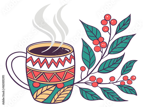 Vibrant coffee mug with colorful beans design, perfect for branding. A stylized illustration of a coffee mug filled with steaming coffee, featuring a vibrant pattern of coffee beans in various colors.