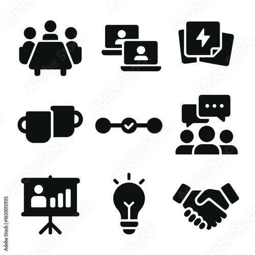 Corporate Team Icons. Solid, filled icons set of corporate team collaboration: conference table, laptops,