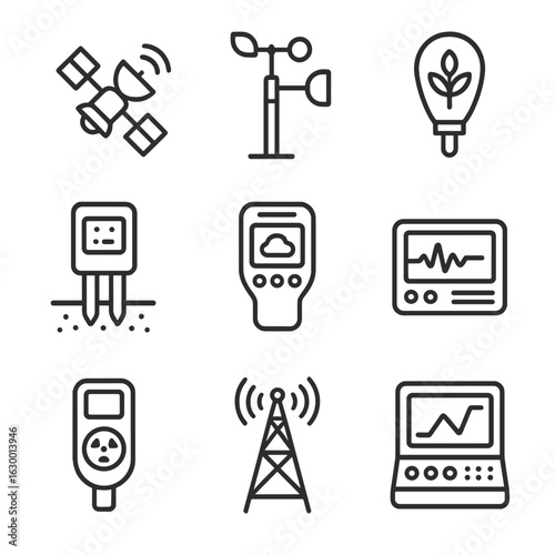 Monitoring Tools Icons. Outline icon set of monitoring and feedback tools: satellite remote sensor, ground weather station,