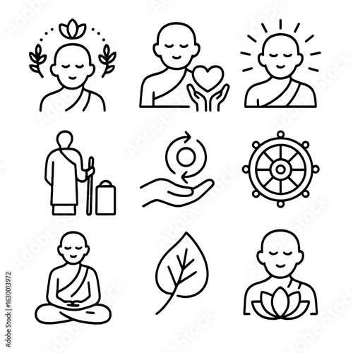 Monk Teachings Icons Set. Outline icon set of monk teachings and philosophy: mindfulness, compassion, enlightenment, detachment,