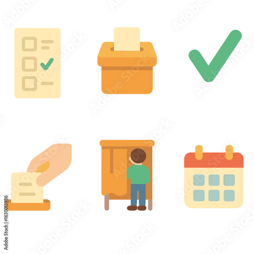 Voting and Fitness Icons. Flat vector mini-illustrations Referendum voting in colors children’s illustrations: ballot paper,