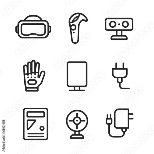 VR Hardware Icon Set. Outline icon set of VR hardware and accessories: headset, motion controller, tracking camera, haptic glove,