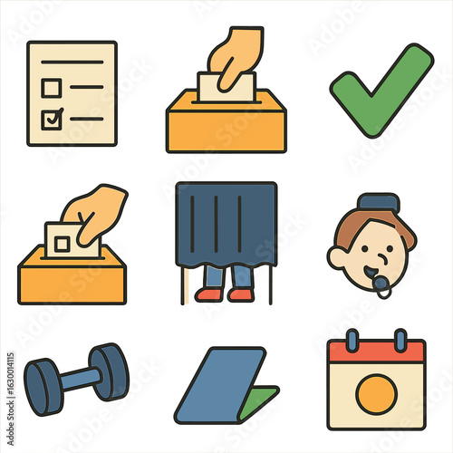 Voting and Fitness Icons. Flat vector mini-illustrations Referendum voting in colors children’s illustrations: ballot paper,