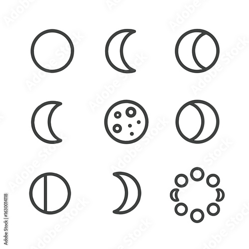 Moon Phase Icons. Outline icon set of moon cycle: new moon, waxing crescent, first quarter, waxing gibbous, full moon, waning