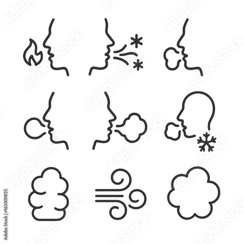 Breath Icon Set. Outline icon set of warm vs cold breath: hot breath, cold breath, breath fog, warm inhale, chilly exhale, breath