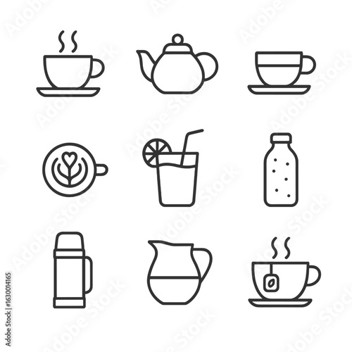 Morning Beverage Icons. Outline icon set of morning beverages: coffee cup, tea kettle, espresso shot, latte art, juice glass,