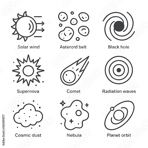 Cosmic Phenomena Icons. Outline icon set of cosmic phenomena affecting life: solar wind, asteroid belt, black