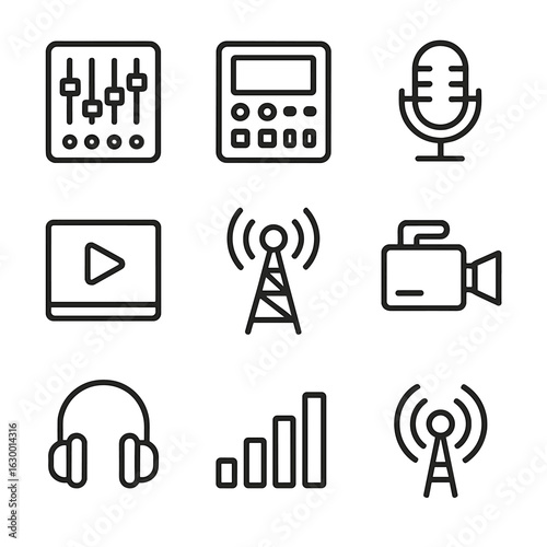 Broadcast Equipment Icons. Outline icon set of broadcast control: mixer board, control panel, microphone, live feed, broadcast