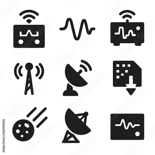 Cosmic Signal Icons. Solid, filled icons set of cosmic signal processing: signal amplifier, waveform, spectrum