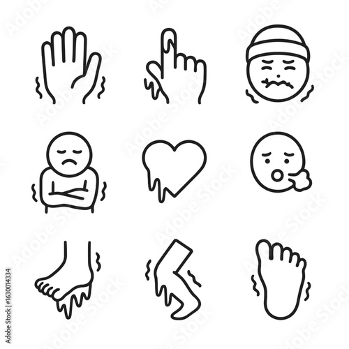 Frozen Sensation Icons. Outline icon set of numb sensation: frozen hand, icy finger, frostbite, cold face, shivering body, frozen