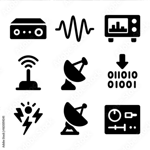 Cosmic Signal Icons. Solid, filled icons set of cosmic signal processing: signal amplifier, waveform, spectrum