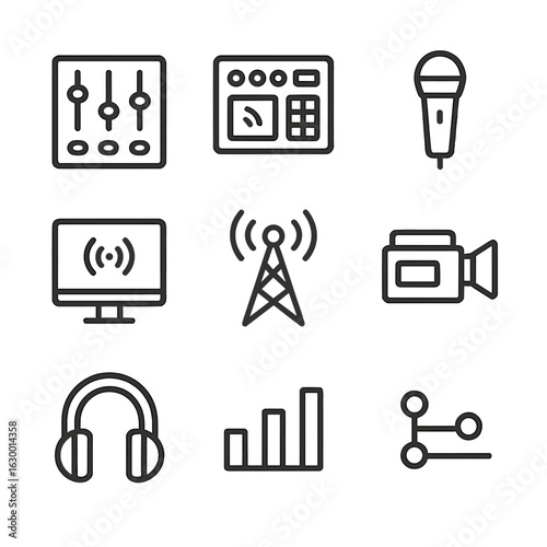 Broadcast Equipment Icons. Outline icon set of broadcast control: mixer board, control panel, microphone, live feed, broadcast