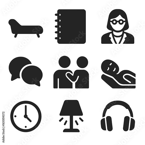 Counseling Icon Set. Solid, filled icons set of counseling and therapy: couch, notebook, psychologist,
