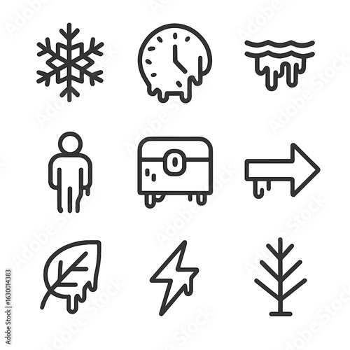 Frozen State Icons. Outline icon set of frozen state: ice crystal, frozen clock, still water, immobilized figure, locked chest,