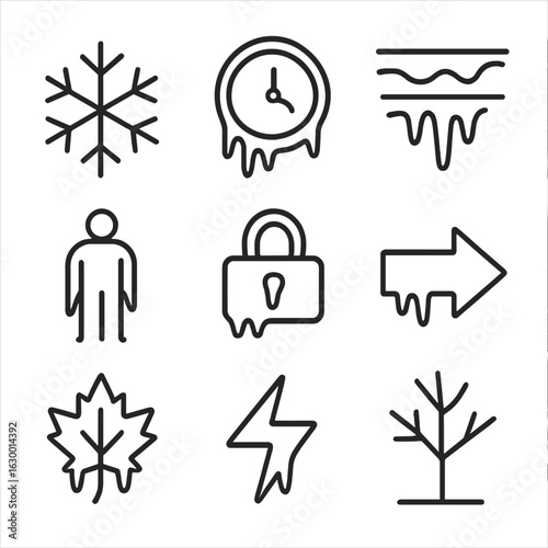 Frozen State Icons. Outline icon set of frozen state: ice crystal, frozen clock, still water, immobilized figure, locked chest,