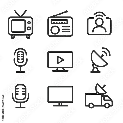 Broadcast Media Icons. Outline icon set of broadcast media: television, radio, live news, podcast, streaming service, satellite,