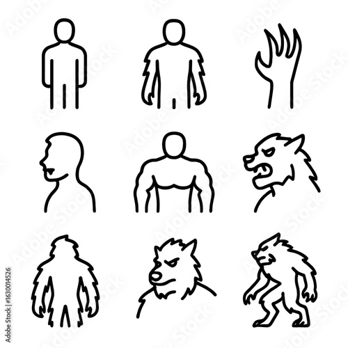 Werewolf Transformation Icons. Outline icon set of werewolf transformation stages: human silhouette, partial fur growth, elongated