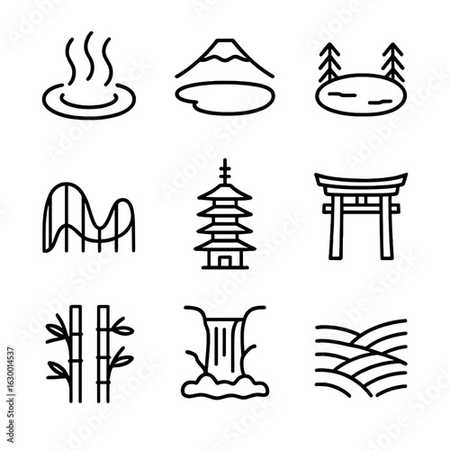 Fuji Attractions Icons. Outline icon set of Fuji nearby attractions: hot spring, lake Kawaguchi, Fuji Five Lakes, Fuji-Q Highland,