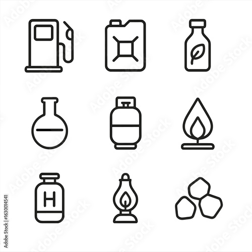 Fuel Type Icons. Outline icon set of fuel types: gasoline, diesel, biofuel, ethanol, propane, natural gas, hydrogen, kerosene,