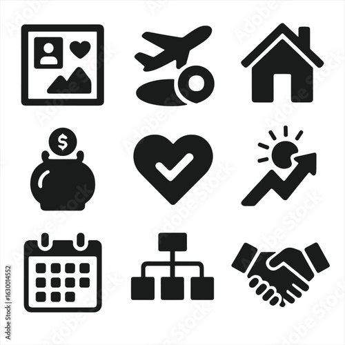 Couple's Dream Icons. Solid, filled icons set of couple’s goals and dreams: dream board, travel destination,