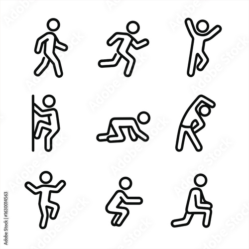 Movement Icon Set. Outline icon set of physical movement: walking, running, jumping, climbing, crawling, stretching, dancing,