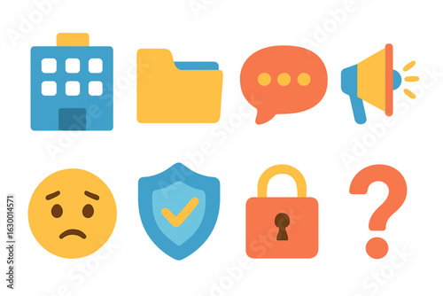 Whistleblowing Icon Grid. Flat vector mini-illustrations whistleblowing at work in colors children's illustrations: office