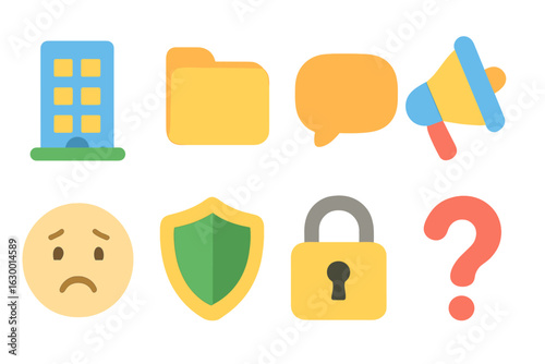Whistleblowing Icon Grid. Flat vector mini-illustrations whistleblowing at work in colors children's illustrations: office