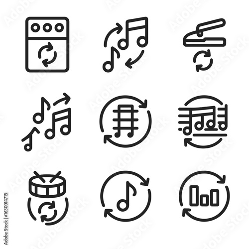 Music Loop Icons. Outline icon set of repeat in music instruments: loop pedal, repeat notes, sustain, arpeggio repeat, chord