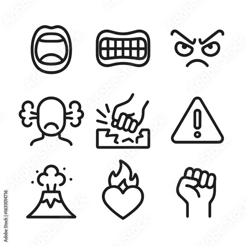 Fury Icon Set. Outline icon set of fury and anger: shouting mouth, clenched teeth, angry eyes, steam from ears, smashed object,