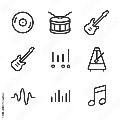 Music Groove Icon Set. Outline icon set of groove in music and rhythm: vinyl record groove, drum groove, bass groove, guitar riff,