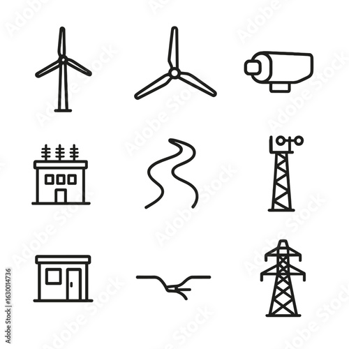 Wind Farm Icons. Outline icon set of wind farm infrastructure: turbine tower, rotor blades, nacelle, electrical substation,