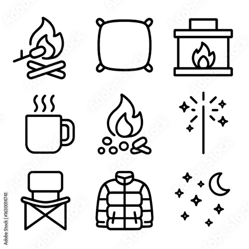 Cozy Campfire Icons. Outline icon set of relaxing by fire: campfire roasting, soft cushion, toasty fire, mug
