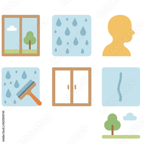 Window Condensation Icons. Flat vector mini-illustrations window condensation and clearing in colors children's illustrations: