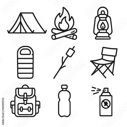 Cozy Camping Icons. Outline icon set of cozy camping night: tent, campfire, lantern, sleeping bag, marshmallow