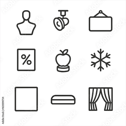Window Display Icons Set. Outline icon set of window display elements: mannequin bust, spotlight, signage board, promotional