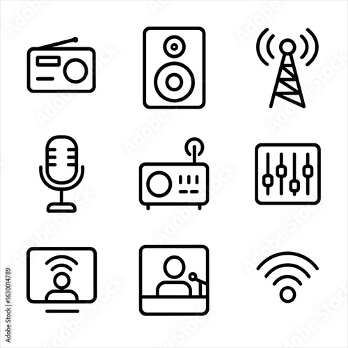 Broadcasting Outline Icons. Outline icon set of voice in broadcasting: radio station, speaker, broadcast tower, microphone,