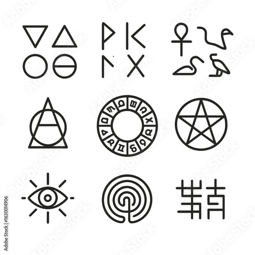 Mystic Symbols Grid. Outline icon set of cryptic symbols: alchemy signs, runes, hieroglyphs, zodiac wheel, pentagram, mandala,