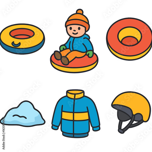 Winter Fun Icons. Flat vector mini-illustrations of snow tubing in colors children’s illustrations: inflated tube, child seated,