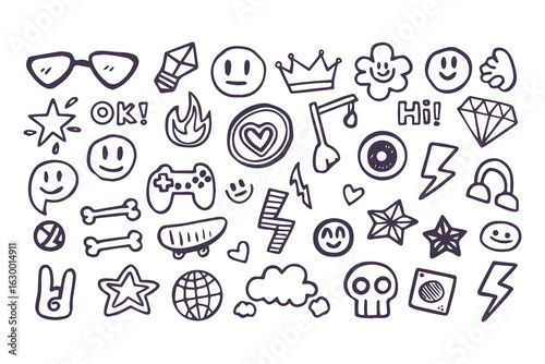 Set of hand-drawn punk rock and skater doodles. Youth culture graffiti-style icons including skull, lightning bolt, and peace signs for stickers and t-shirt prints.