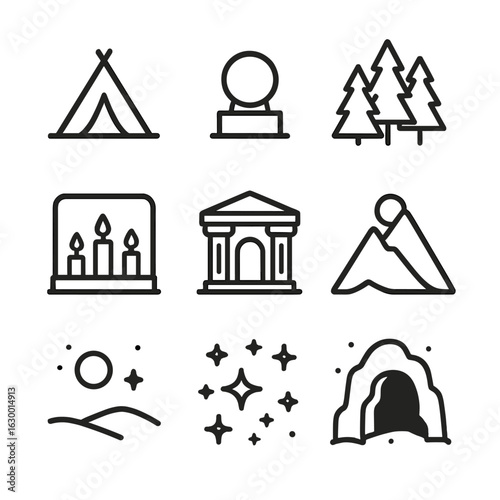 Mystical Icons Set. Outline icon set of seer environments: tent, altar, forest, candlelight room, ancient temple, mountain peak,