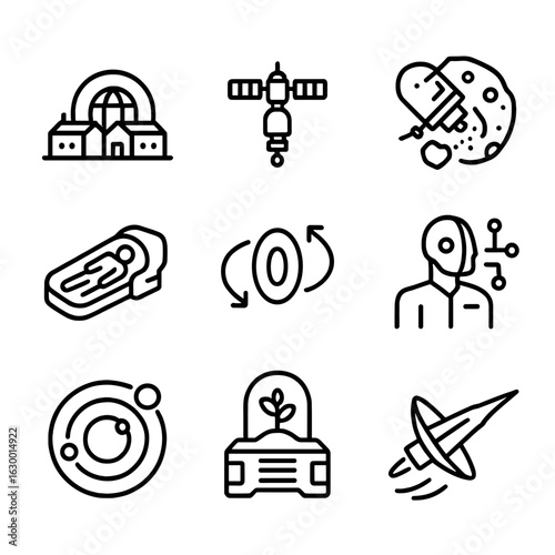 Future Mission Icons. Outline icon set of future missions: space colony, deep space station, asteroid mining, interstellar probe,